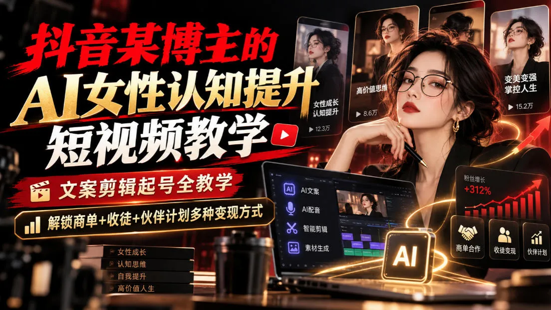抖音某博主的Ai女性认知提升短视频教学，文案剪辑起号全教学，解锁商单+收徒+伙伴计划多种变现方式