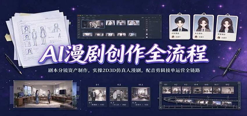 AI漫剧创作全流程：剧本分镜资产制作，实操2D3D仿真人漫剧，配音剪辑接单运营全链路