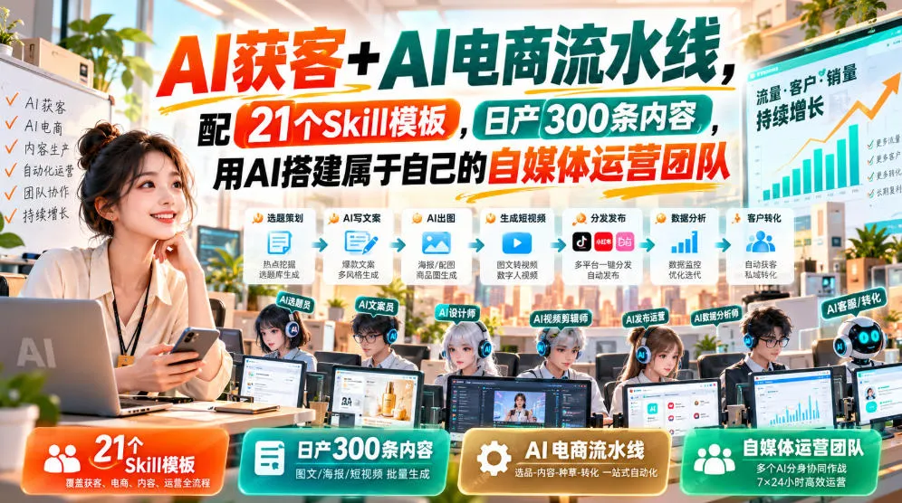 AI获客+AI电商流水线，配21个Skill模板，日产300条内容，用AI搭建属于自己的自媒体运营团队（更新0928）