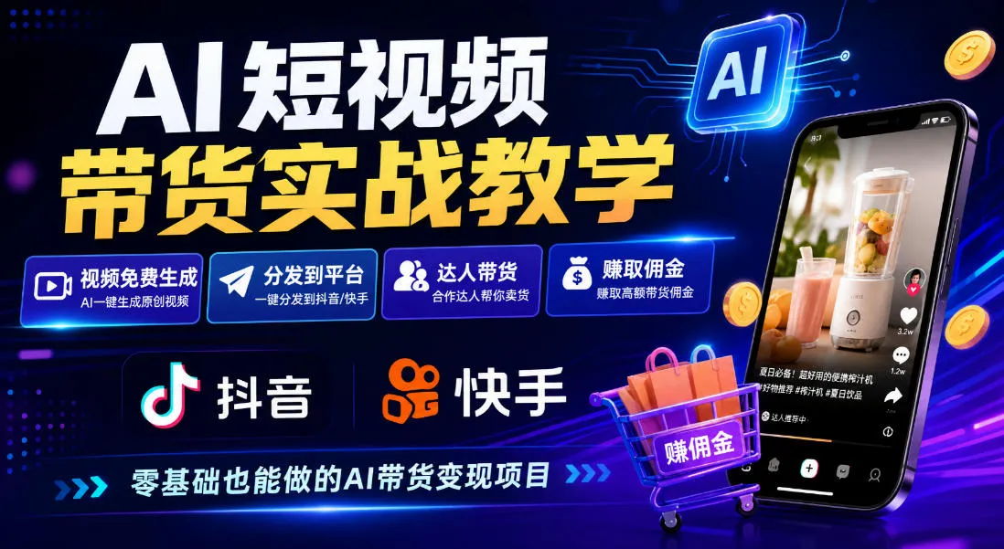 AI短视频带货实战教学，视频免费生成，分发到抖音快手平台，达人带货賺佣金