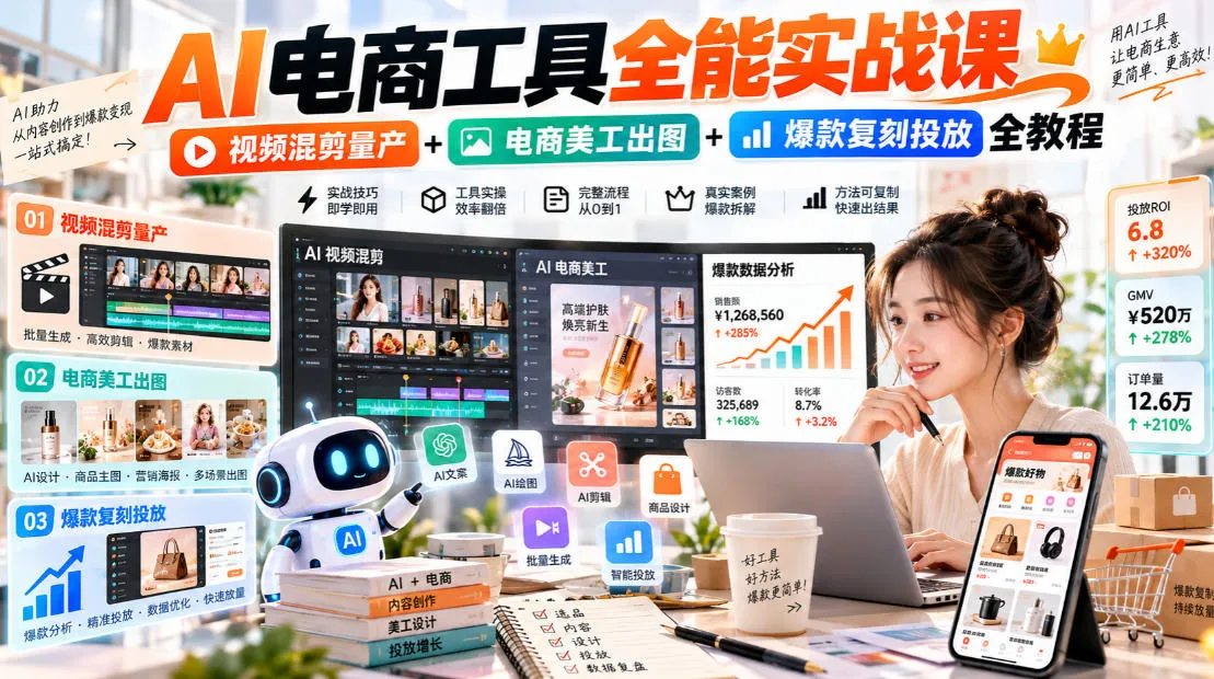 AI电商工具全能实战课｜视频混剪量产+电商美工出图+爆款复刻投放全教程